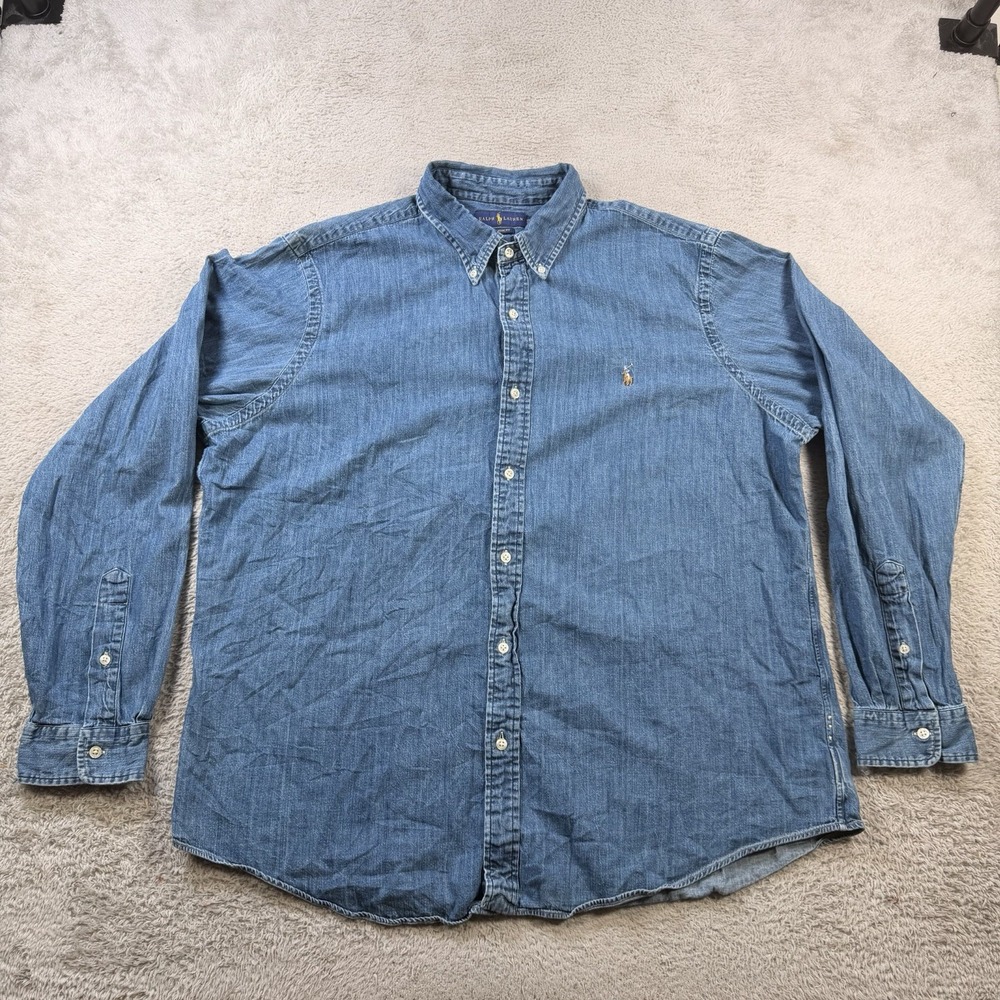 Polo Ralph Lauren Shirt Mens 2XL Classic Fit Blue Denim Button Down Flesh Pony